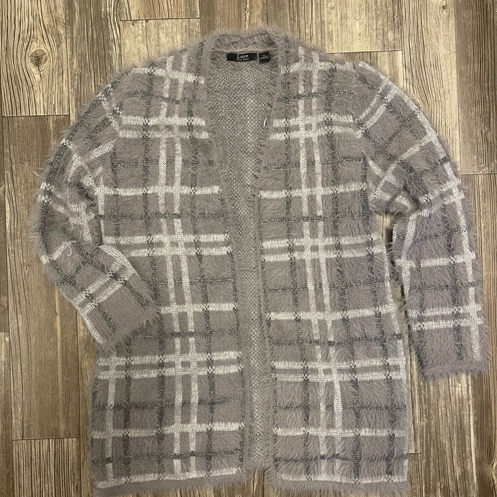 Size XL Womens Love Ever After Fuzzy Puffy Sleeve Grey White Open Cardigan